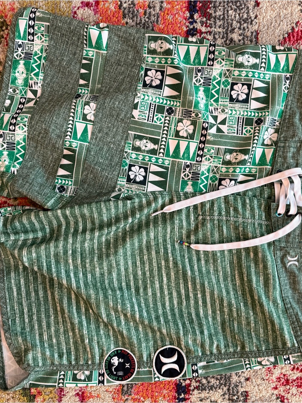 Hurley Black and Green Patterned Swim Trunks